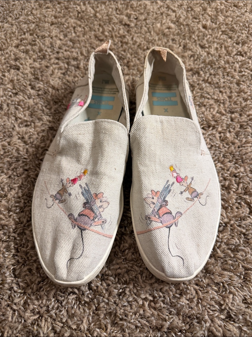 Toms Beige Canvas Espadrilles with Pink and Coral Mouse Artwork